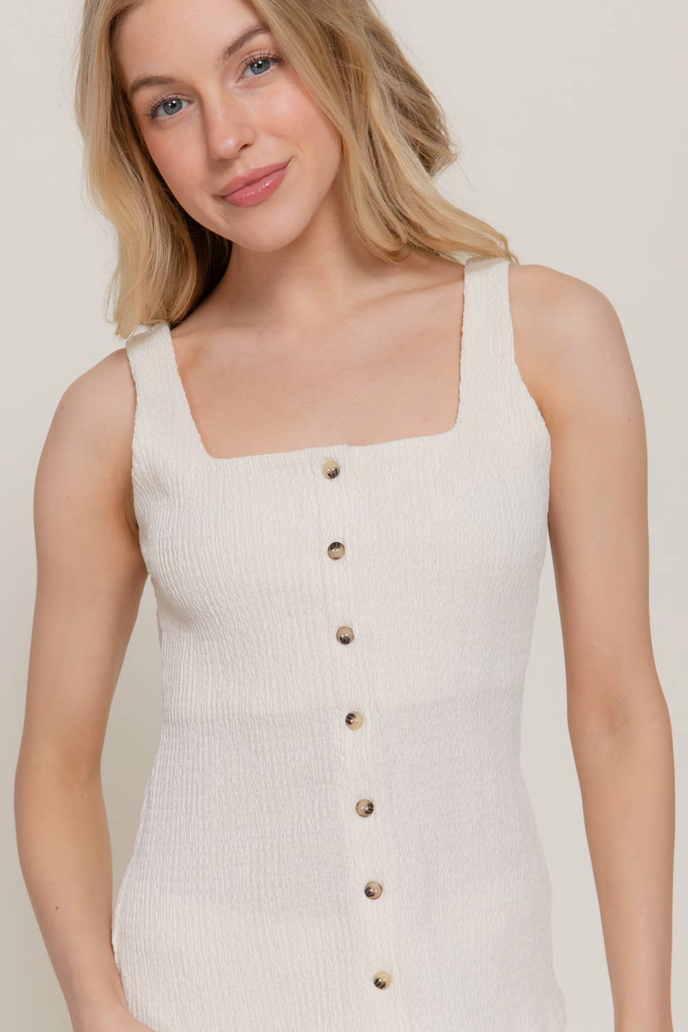 Square Neck Button Down Vest &  Flare Pants Knit Set: Ivory
