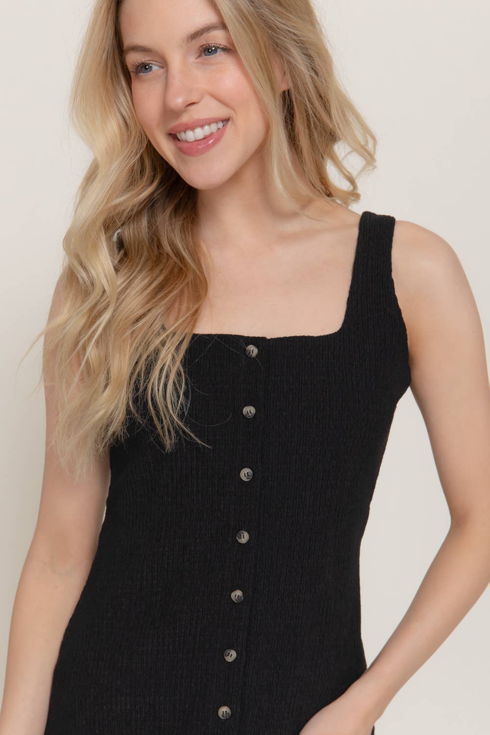 Square Neck Button Down Vest & Flare Pants Knit Set: Black
