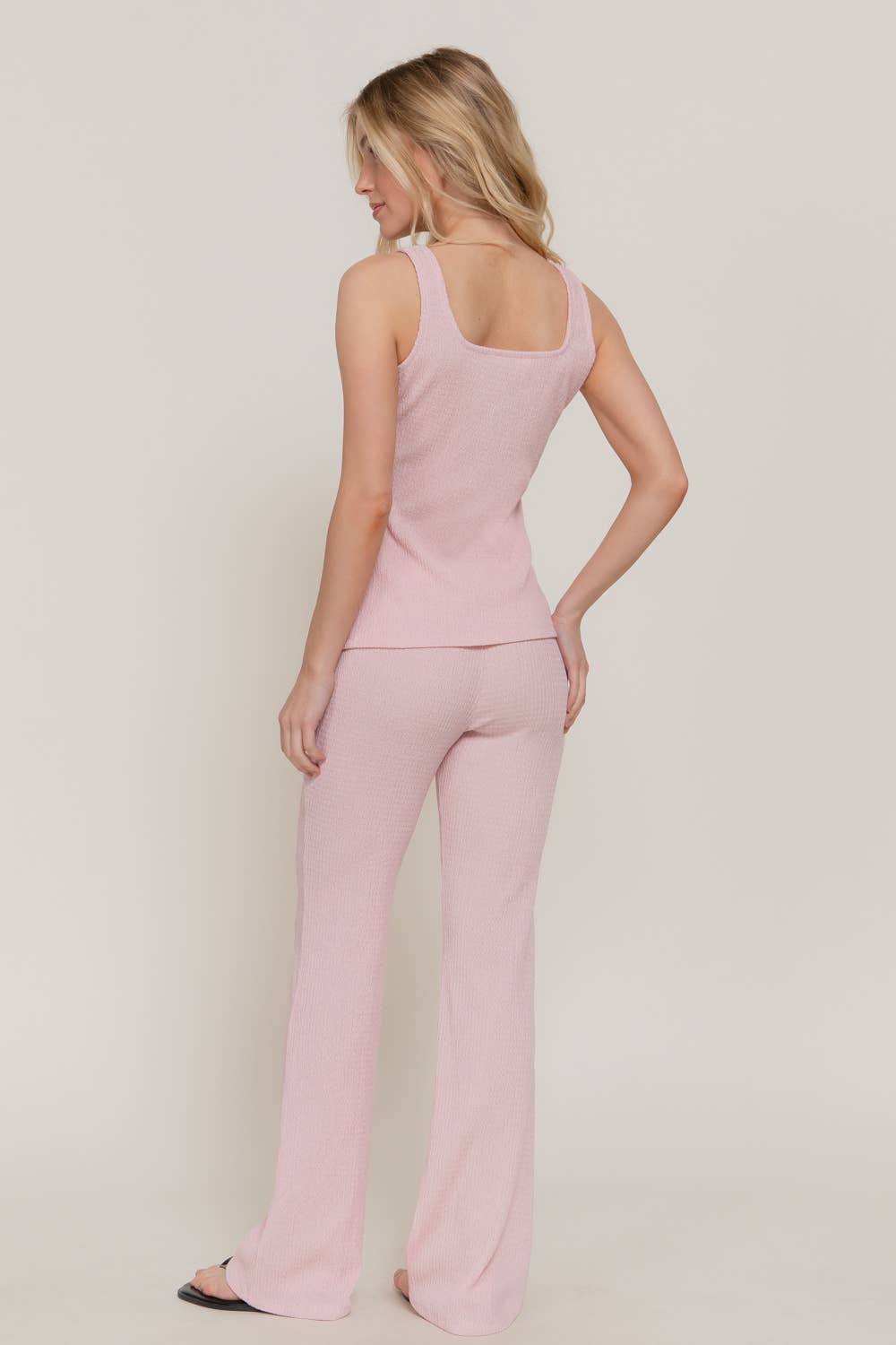 Square Neck Button Down Vest &  Flare Pants Knit Set: Blush