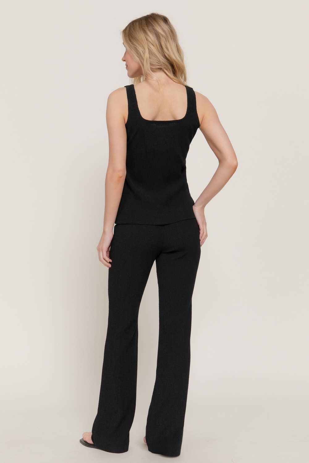 Square Neck Button Down Vest & Flare Pants Knit Set: Black