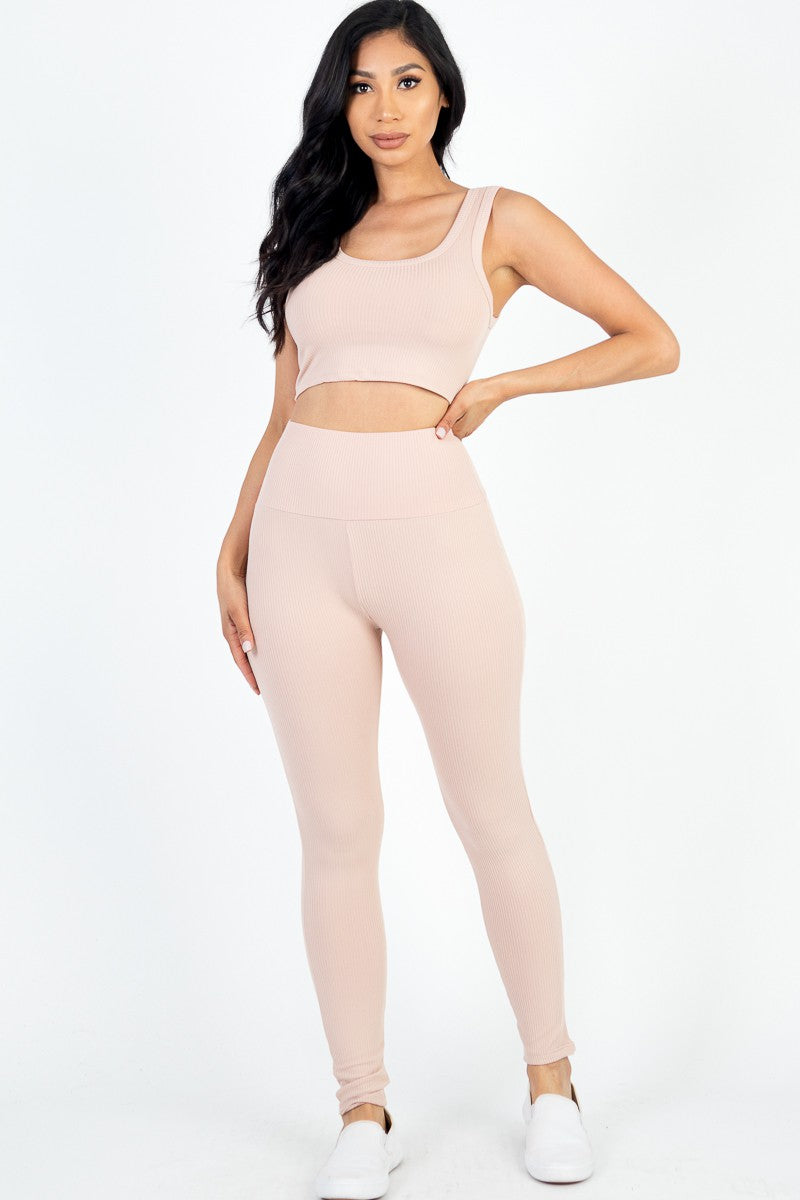 Ribbed Crop Sleeveless Top & Leggings Yoga Set