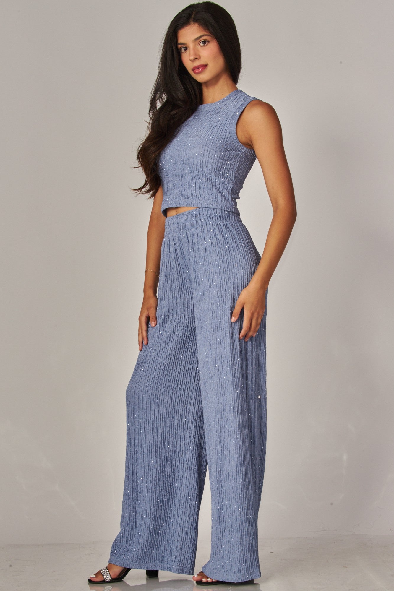 Crinkled Rhinestone Crop Top Loungewear Pant Set