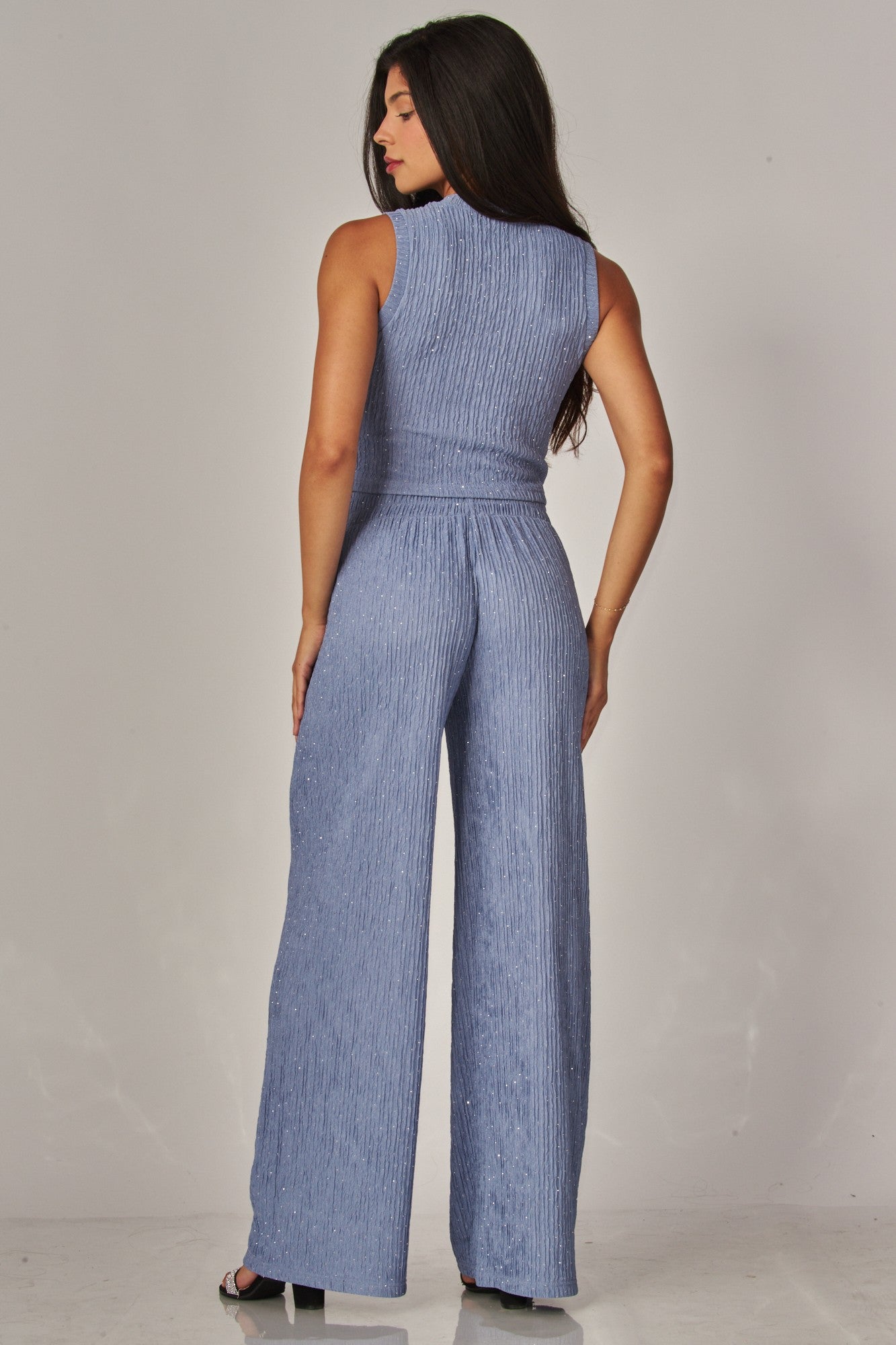Crinkled Rhinestone Crop Top Loungewear Pant Set