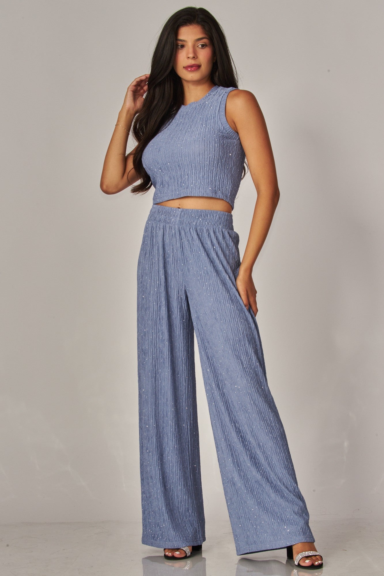 Crinkled Rhinestone Crop Top Loungewear Pant Set