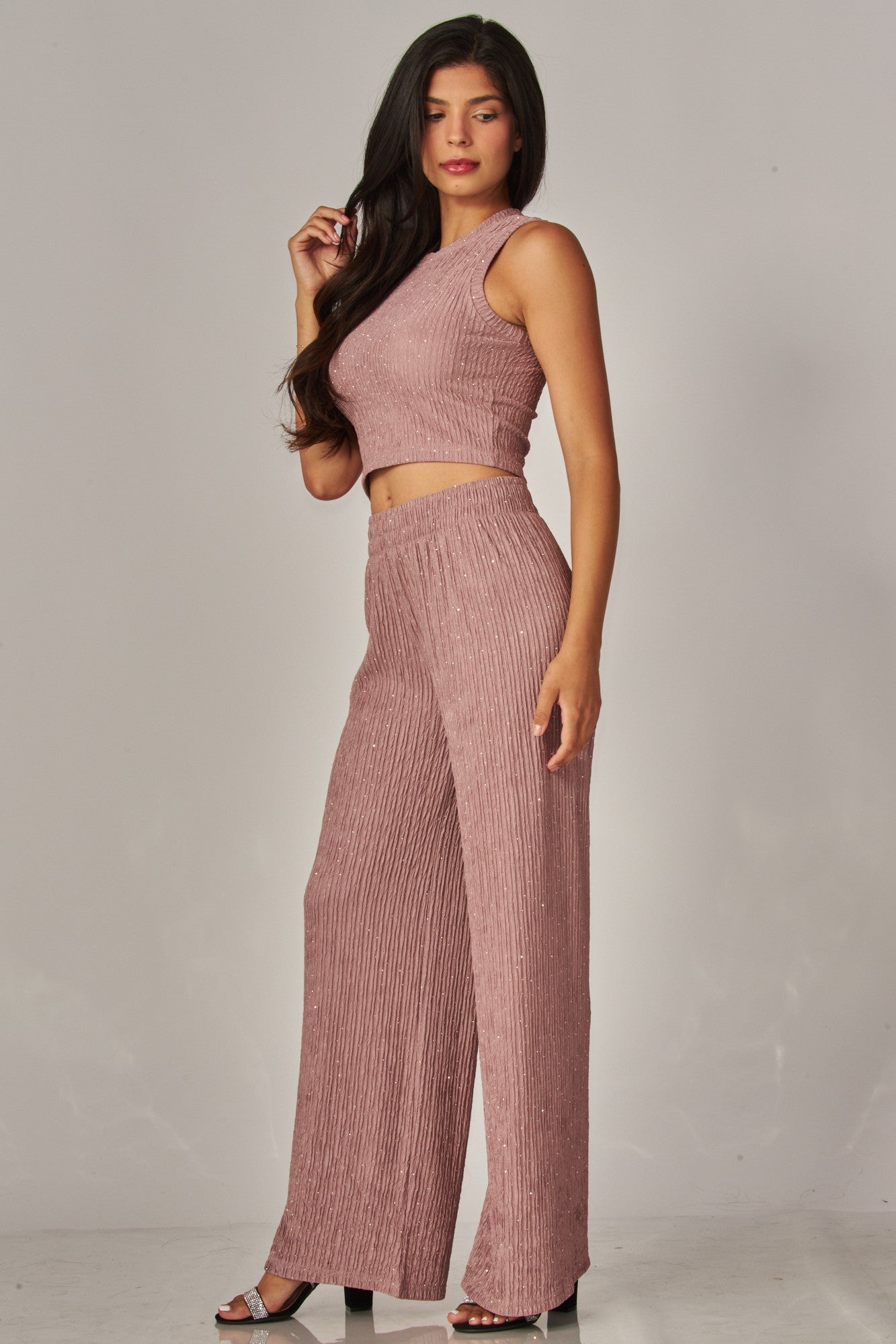 Crinkled Rhinestone Crop Top Loungewear Pant Set