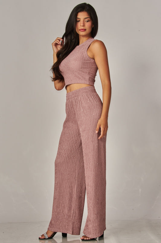 Crinkled Rhinestone Crop Top Loungewear Pant Set