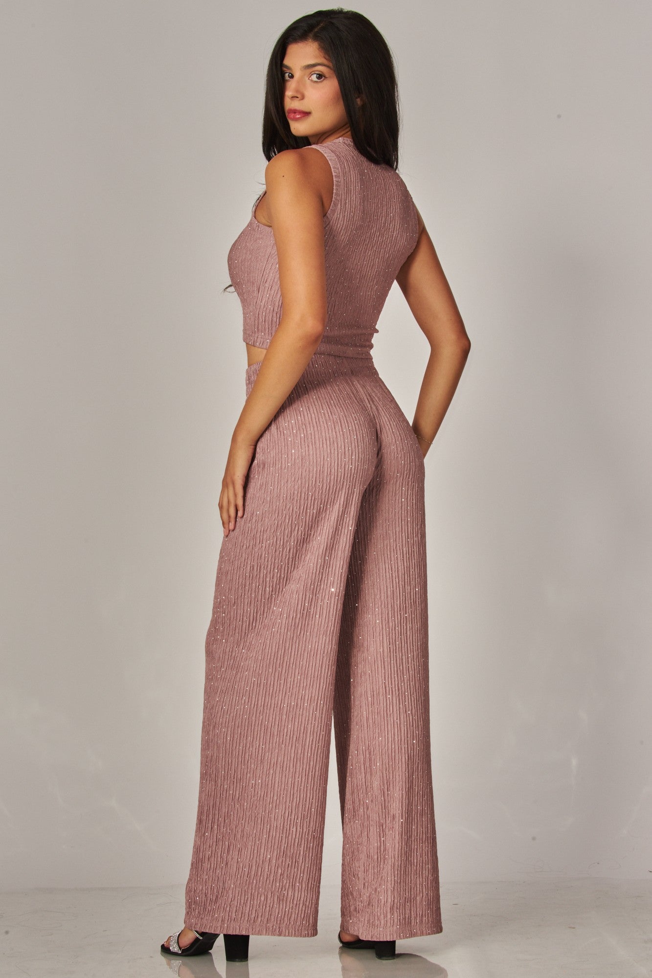 Crinkled Rhinestone Crop Top Loungewear Pant Set