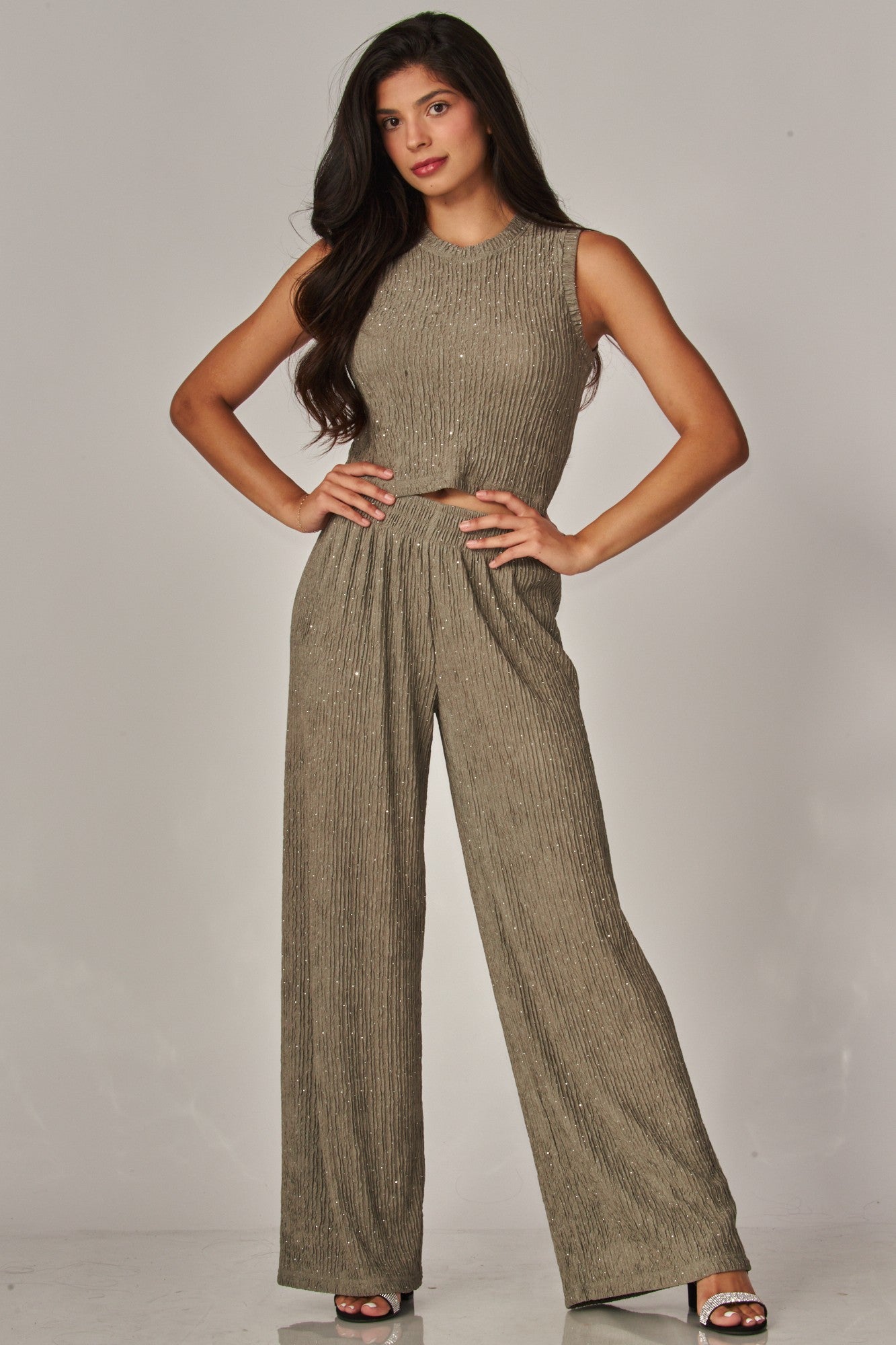Crinkled Rhinestone Crop Top Loungewear Pant Set
