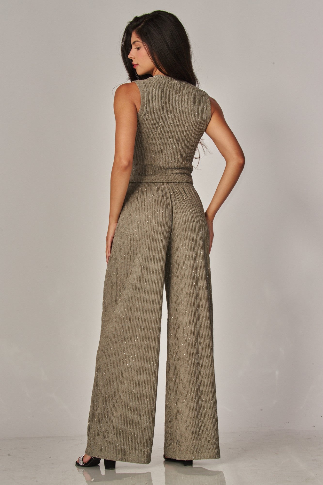 Crinkled Rhinestone Crop Top Loungewear Pant Set