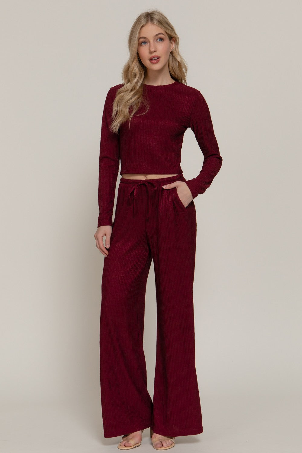 Crinkled Crop Top Drawstring Pants Set