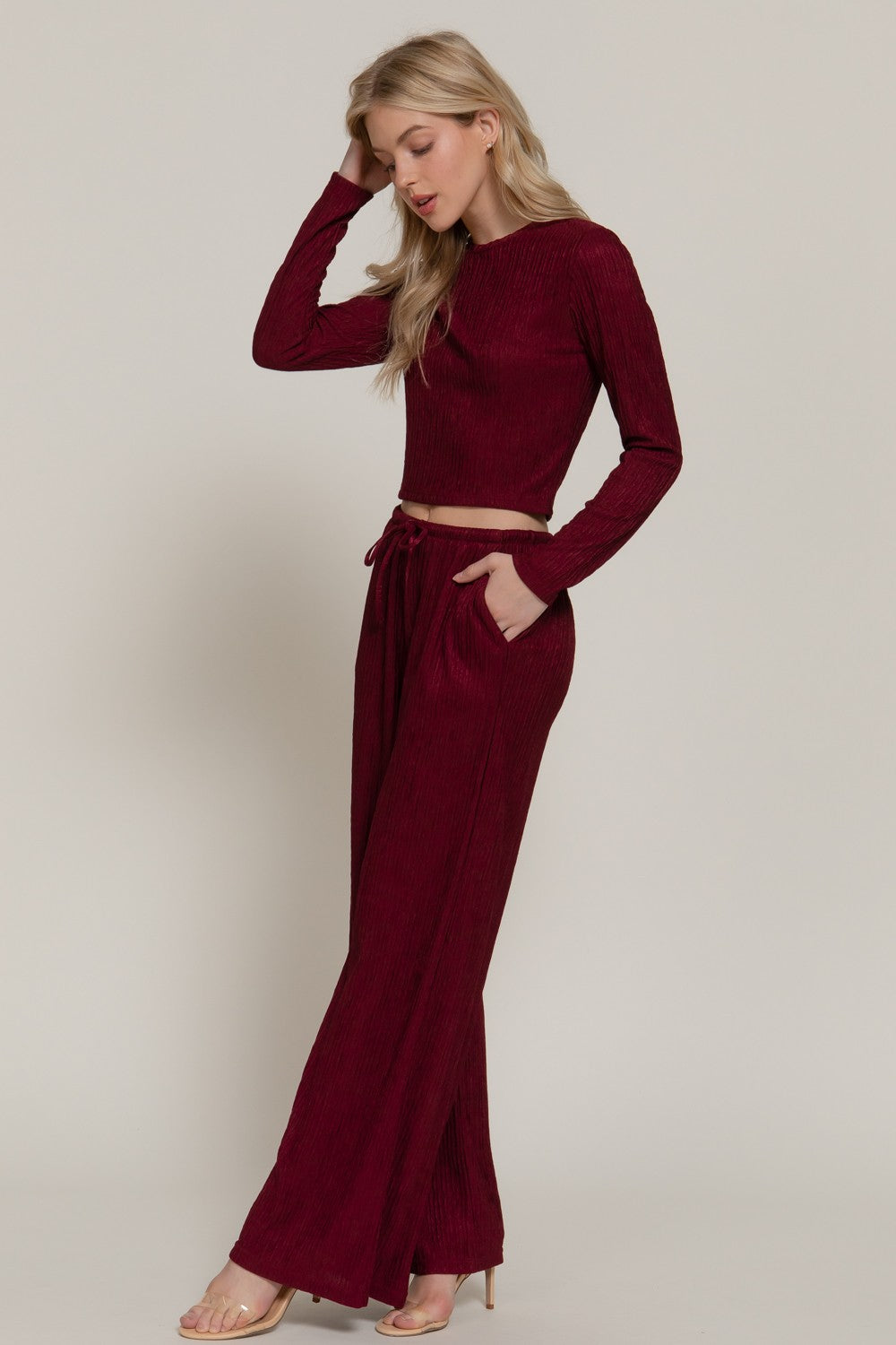 Crinkled Crop Top Drawstring Pants Set