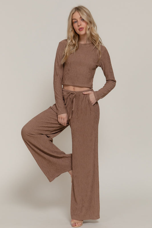 Crinkled Crop Top Drawstring Pants Set