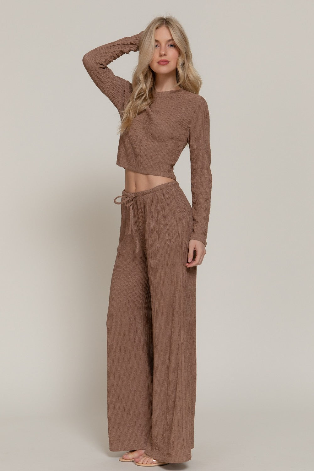 Crinkled Crop Top Drawstring Pants Set
