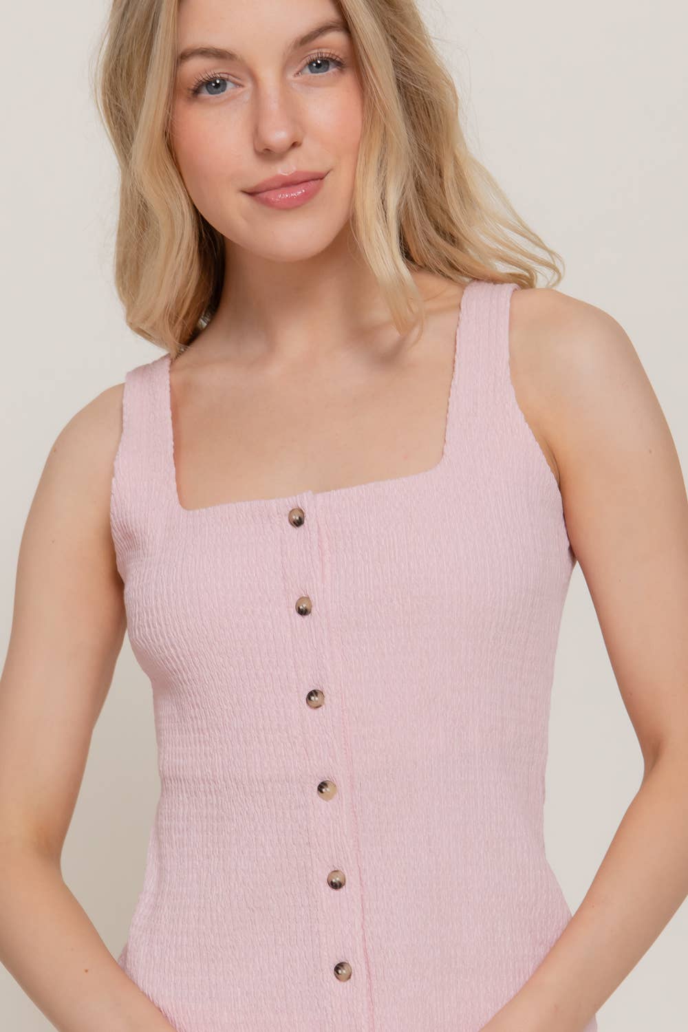 Square Neck Button Down Vest &  Flare Pants Knit Set: Blush