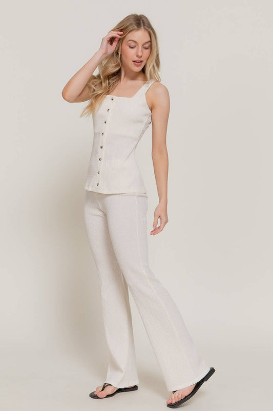 Square Neck Button Down Vest &  Flare Pants Knit Set: Ivory