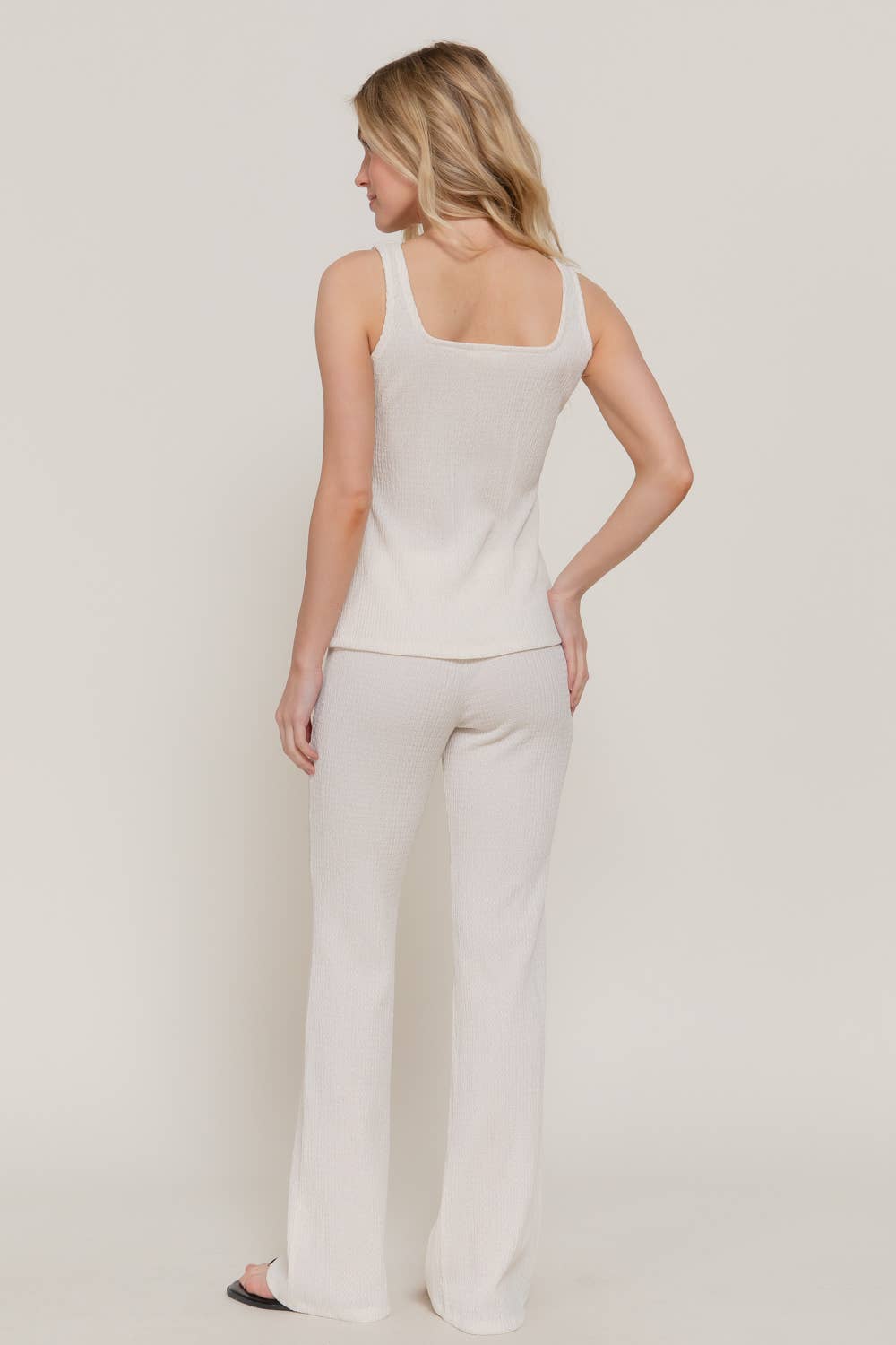 Square Neck Button Down Vest &  Flare Pants Knit Set: Ivory